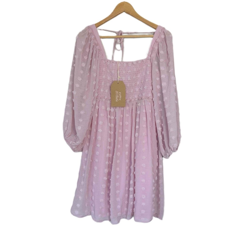 Listicle Medium Sheer Long Sleeve Square Neckline Smocked Bodice Polka Dot Pink‎